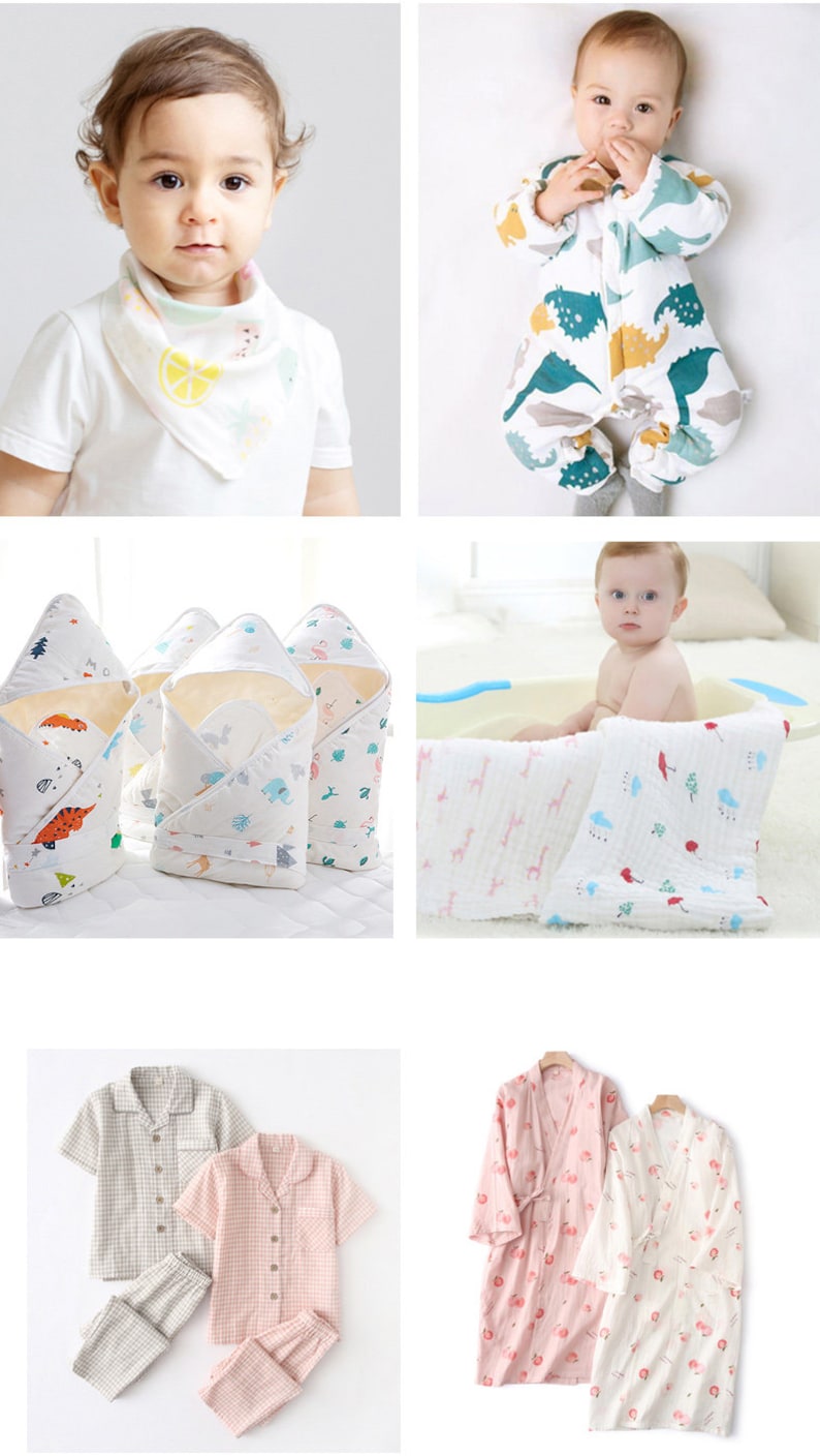 May include: A set of baby clothes and accessories, including a white onesie with a dinosaur print, a white swaddle blanket with a dinosaur print, a white hooded towel with a dinosaur print, a white bib with a lemon print, a white and pink checked pyjama set, and a pink and white floral dressing gown.