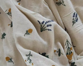 Japanese Vintage Cotton And Linen Flower Embroidery Fabric, Decorative Fabric, DIY Fabric, Flower Fabric, By The Half Yard