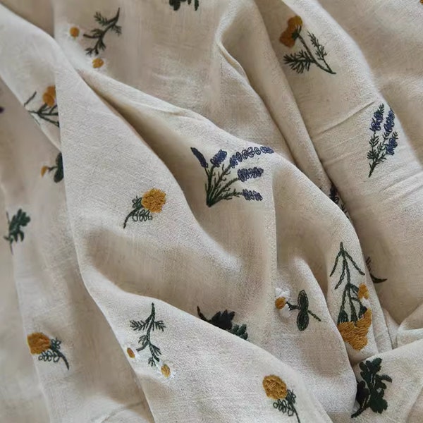 Japanese Vintage Cotton And Linen Flower Embroidery Fabric, Decorative Fabric, DIY Fabric, Flower Fabric, By The Half Yard