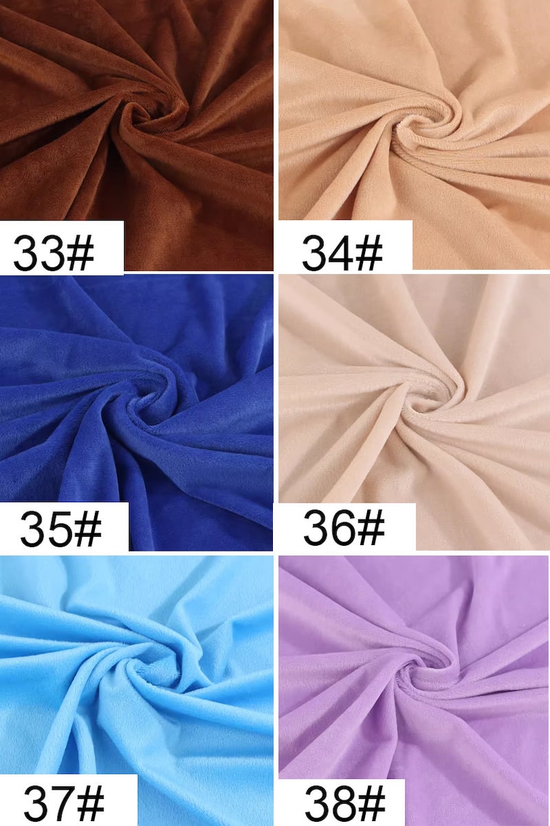 May include: Six fabric swatches in different colors. The swatches are arranged in two rows of three. The colors are brown, beige, blue, beige, light blue, and purple. Each swatch has a number printed on it: 33, 34, 35, 36, 37, and 38.