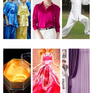 May include: A collection of images showcasing different applications for satin fabric. The images include a child wearing a blue satin martial arts uniform, a child wearing a yellow satin martial arts uniform, a woman wearing a pink satin blouse, a man wearing a white satin martial arts uniform, a yellow satin box, a doll wearing a pink satin dress, and a purple satin curtain.