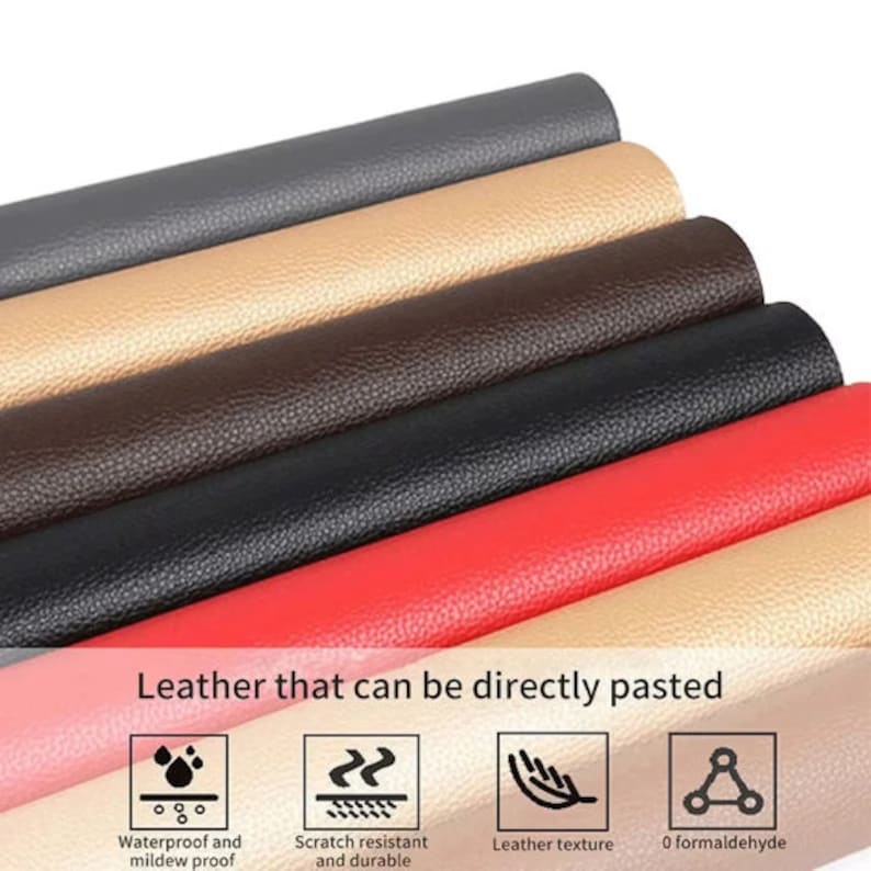 May include: Close-up of six rolls of faux leather in different colors, including black, brown, beige, red, and light brown. The text "Leather that can be directly pasted" is at the bottom of the image. Four icons are below the text, representing waterproof and mildew proof, scratch resistant and durable, leather texture, and 0 formaldehyde.