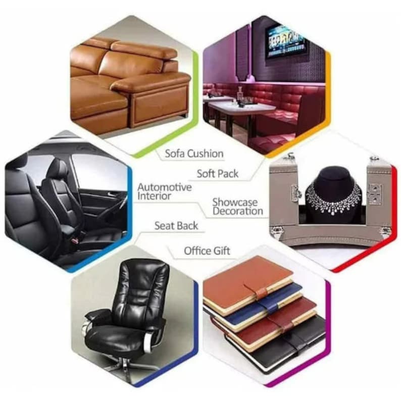 May include: A collage of images showcasing different uses for leather. The images include a brown leather sofa, a black leather car seat, a black leather office chair, a brown leather notebook, a jewelry box with a necklace, and a red leather booth in a bar.