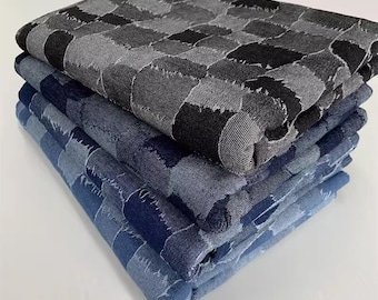 Splicing Plaid Denim Fabric, Jacquard Denim, Cotton Denim, Jean Fabric, Washed Denim By the Half Yard