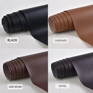 May include: Four rolls of faux leather in different colors: black, chocolate brown, dark brown, and coffee. The leather is textured and has a slightly grainy appearance.