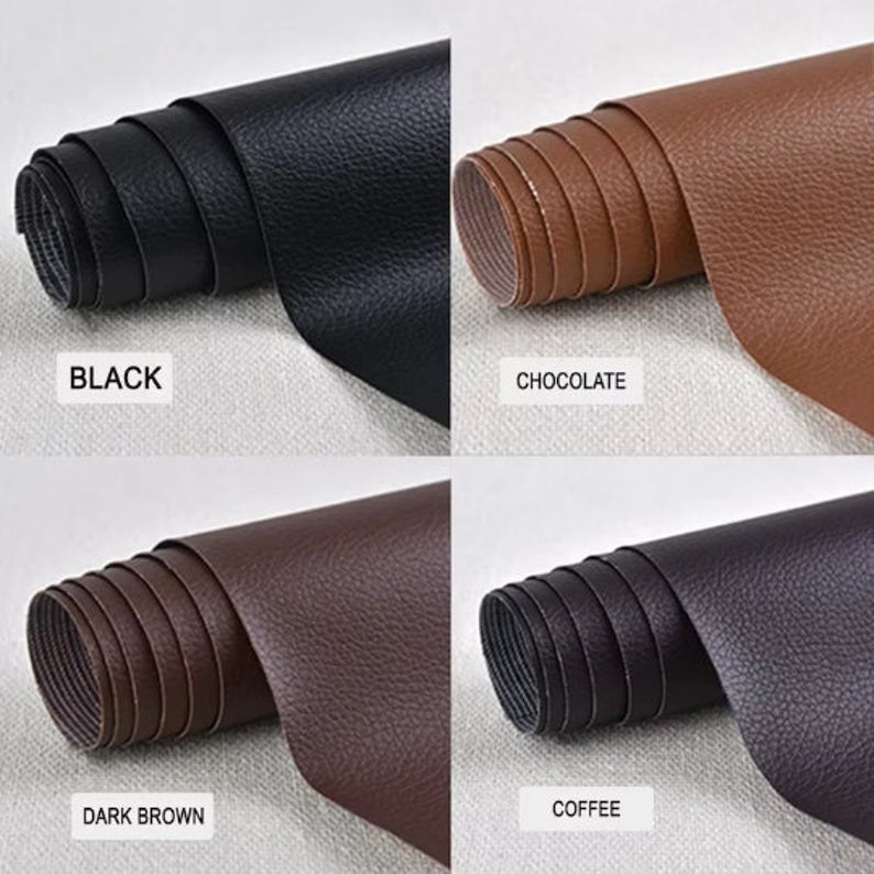 May include: Four rolls of faux leather in different colors: black, chocolate brown, dark brown, and coffee. The leather is textured and has a slightly grainy appearance.