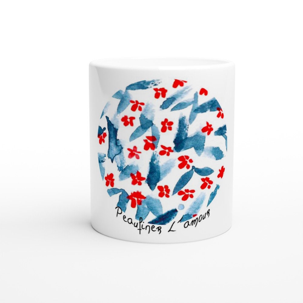 Blue Leaf/Red Flowers - Watercolor White 11Oz Ceramic Mug
