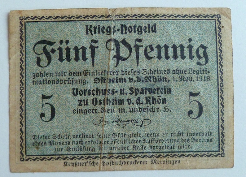 1918 Germany 5 Pfennig Banknote