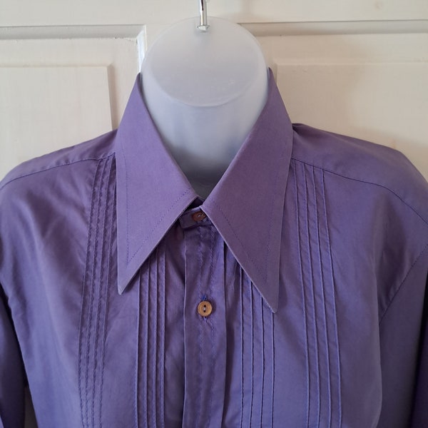 1970s St Michaels Purple Dagger Collar Cotton Tuxedo Shirt Size M Mod /Disco