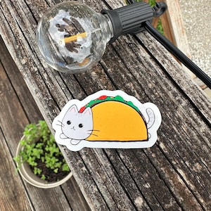 May include: A whimsical sticker featuring a gray cat inside a yellow taco shell, with green, red, and white toppings. The sticker is on a wooden surface, with a lightbulb and a small potted plant in the background.