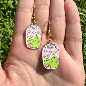 Froggy Soda Can Drop / Dangle Gold Hook Earrings - Frog Jewelry, Pop, Amphibians, Toads, Cottagecore, Animal Lover, Tadpoles, Accessories