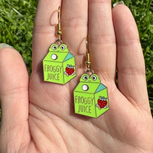 Froggy Juice Carton Drop / Dangle Gold Hook Earrings Frog Jewelry, Milk, Amphibians, Toads, Cottagecore, Animal Lover, Tadpoles, Accessories