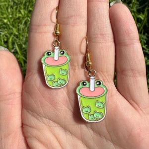 Froggy Boba Tea Drop / Dangle Gold Hook Earrings - Frog Jewelry, Pop, Amphibians, Toads, Cottagecore, Animal Lover, Tadpoles, Accessories