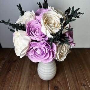 Forever Flower Bouquet - Light Purple and White Wood Flowers with Preserved Greenery