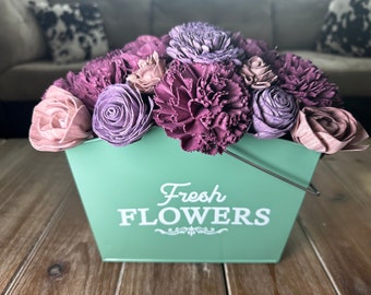Wood Flower Bouquet in a Tin with Purple Wood Flowers