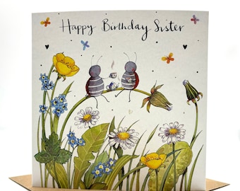 May include: A greeting card with the text "Happy Birthday Sister" features an illustration of two bug-like creatures enjoying tea on a branch, surrounded by wildflowers, daisies, and butterflies. The card is on a brown envelope.