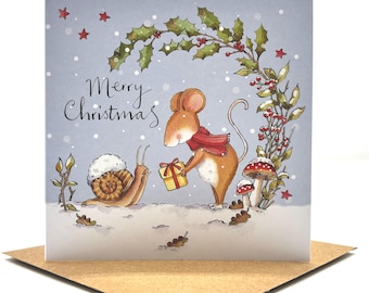 Pack of 5 Christmas Cards - Mouse and Snail