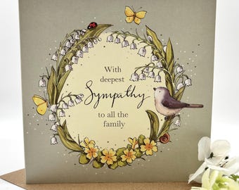 Floral Wreath Sympathy Card: Lily of the Valley, Butterflies, Bird Illustration