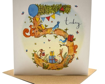May include: A birthday card with a whimsical illustration of a tree shaped like the number five. The tree is decorated with colorful flags, presents, and birds. The text "today" is written on the tree.