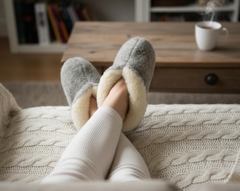 Botines de lujo de lana merino gris / Pantuflas de pura lana de oveja para mujer / Suela de ante, cálidas y ecológicas