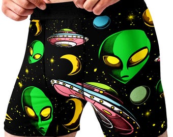 Alien Boxer Briefs for Men, Funny Space Underwear UFO Galaxy Print, Novelty Gift for Boyfriend Husband, Cool Sci Fi Boxers