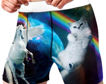 Funny Space Cat Unicorn Boxer Briefs Mens Novelty Underwear Rainbow Galaxy Meme Boxers Gift for Him
