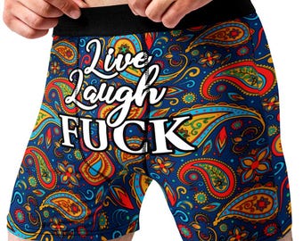 Live Laugh Love Funny Boxer Briefs for Men, Paisley Pattern Novelty Underwear, Gag Gift for Boyfriend Husband Humor Boxers