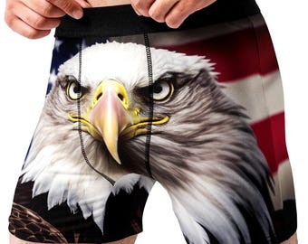 American Eagle Boxer Briefs for Men, Patriotic USA Flag Underwear, Bald Eagle Gift for Him, 4th of July Freedom Boxers