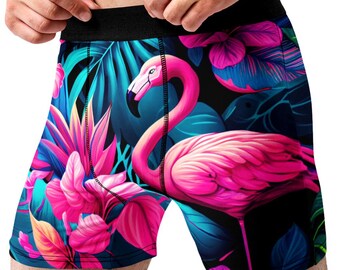 Flamingo Boxer Briefs for Men Tropical Underwear Pink Bird Floral Pattern Beach Vacation Summer Novelty Boxers Gift for Him