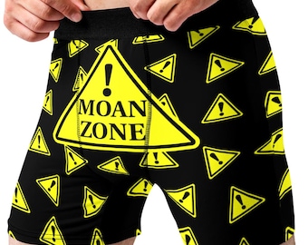 Funny Moan Zone Boxer Briefs for Men, Caution Sign Novelty Underwear, Gag Gift for Boyfriend Husband, Bachelor Party Humor Boxers