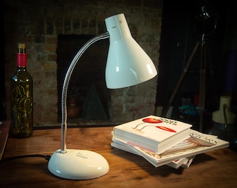 Original Herbert Terry 1960s white and silver gooseneck desk lamp