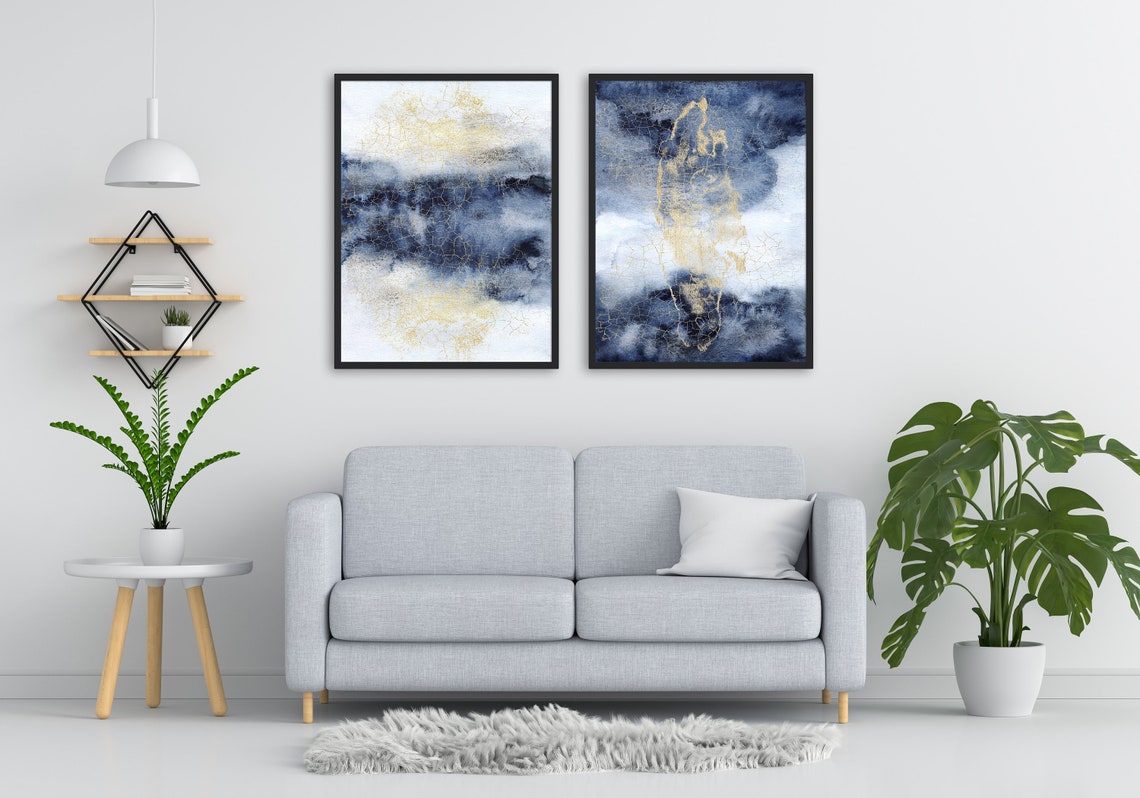 NAVY BLUE ART Navy Gold Art Contemporary Art Living Room Etsy