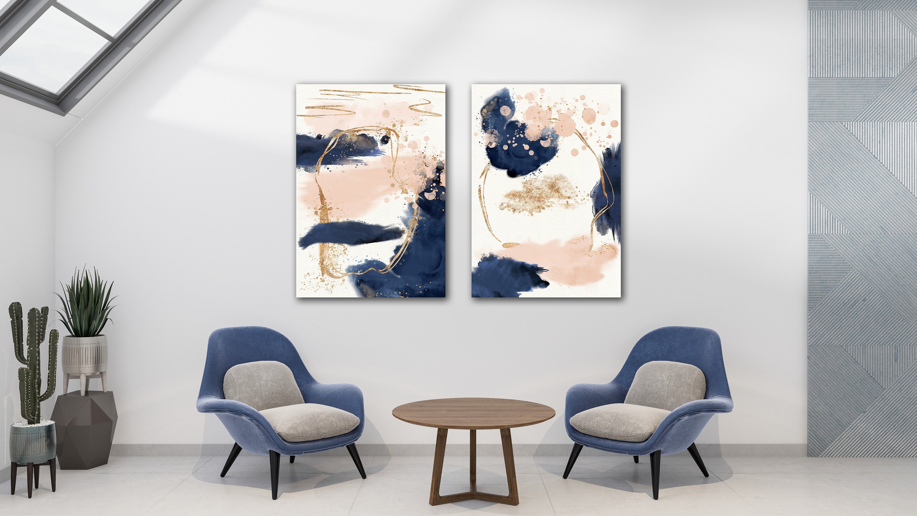 Abstract Wall Art Navy Blue and Pink Wall Art With Gold - Etsy