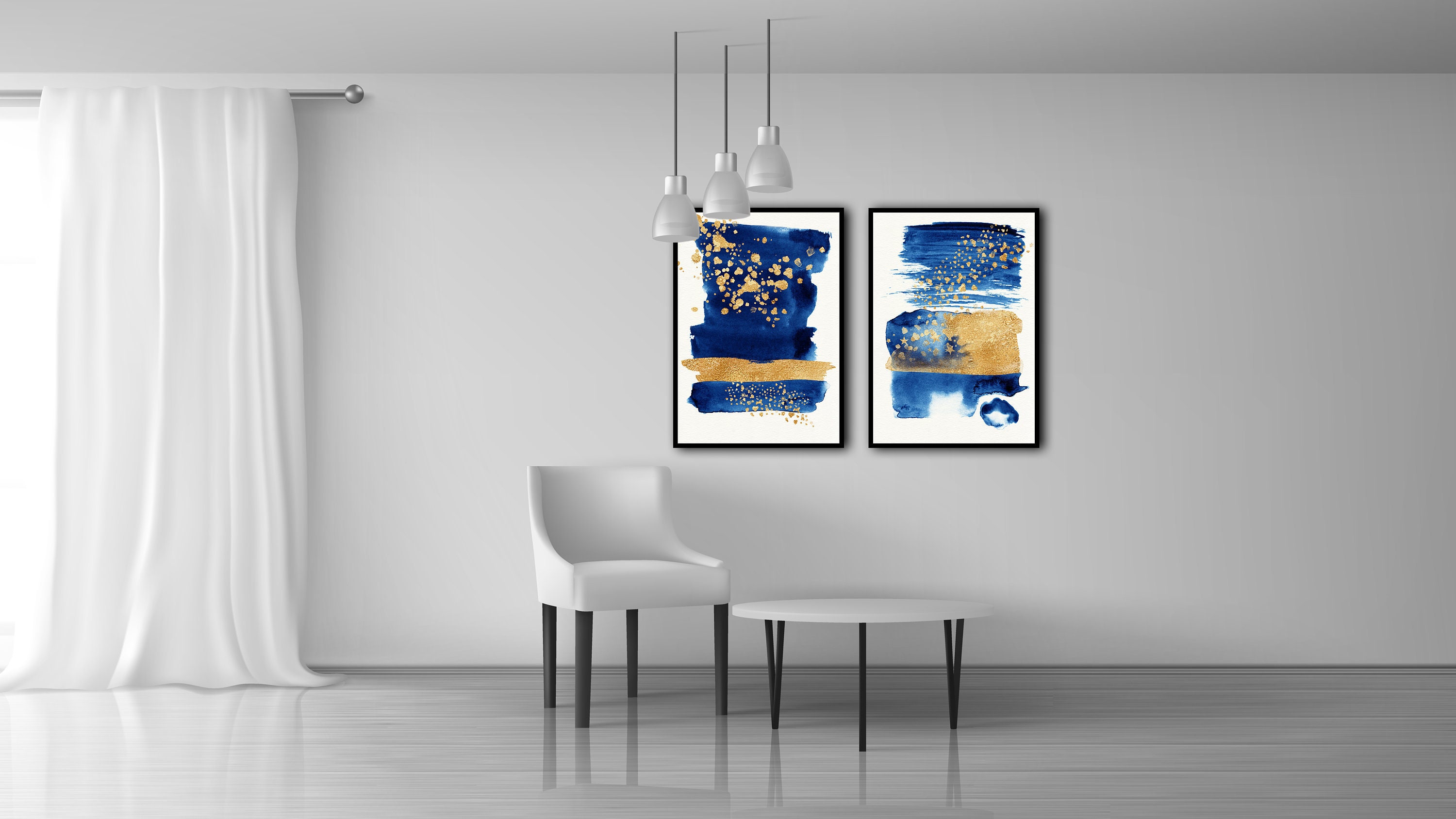 Blue And Gold Art Print Navy Blue Wall Art Living Room Etsy