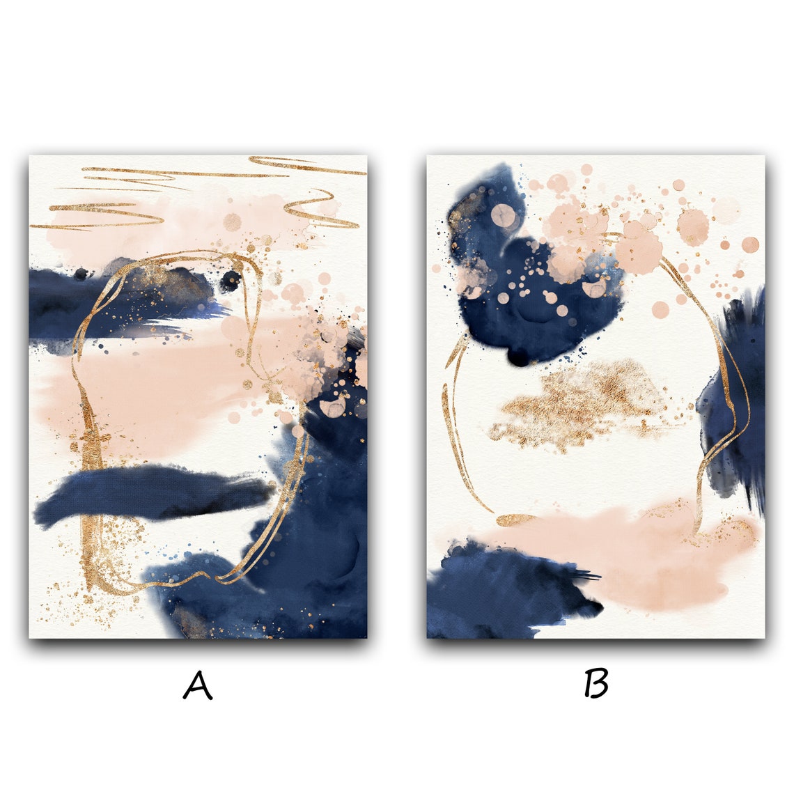 Abstract Wall Art Navy Blue and Pink Wall Art With Gold Etsy