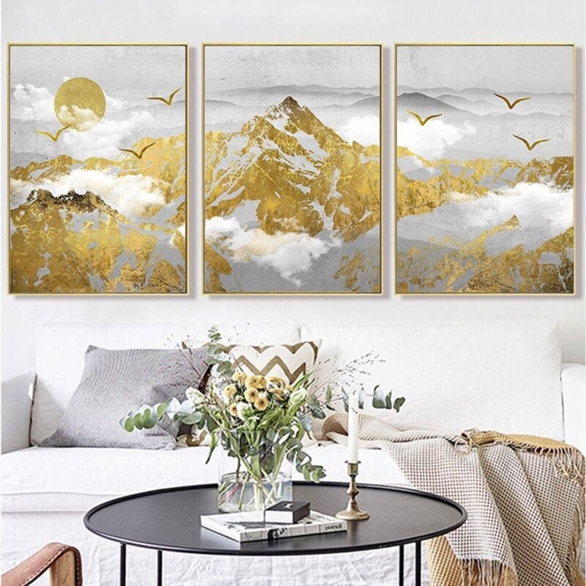 Golden Mountain Wall Art Landscape Print Gold Wall Art Etsy