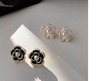 2024 New - Camelia Earrings, Black Camelia Earring, White Enamel Camelia Flower Stud Earrings, Pearl Gold Camelia Earrings