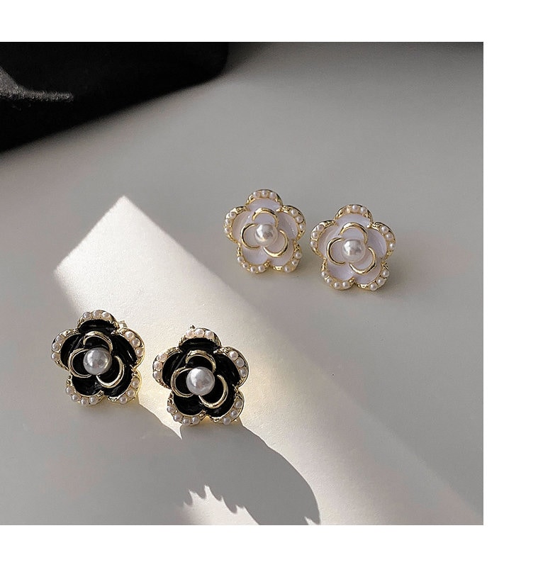 Chanel large drop camellia gold metal earrings