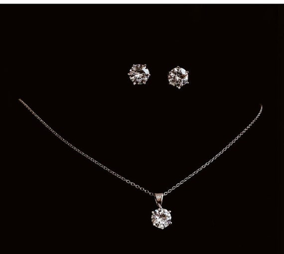 Round Brilliant Crystal Wedding Necklace Earrings Set Single