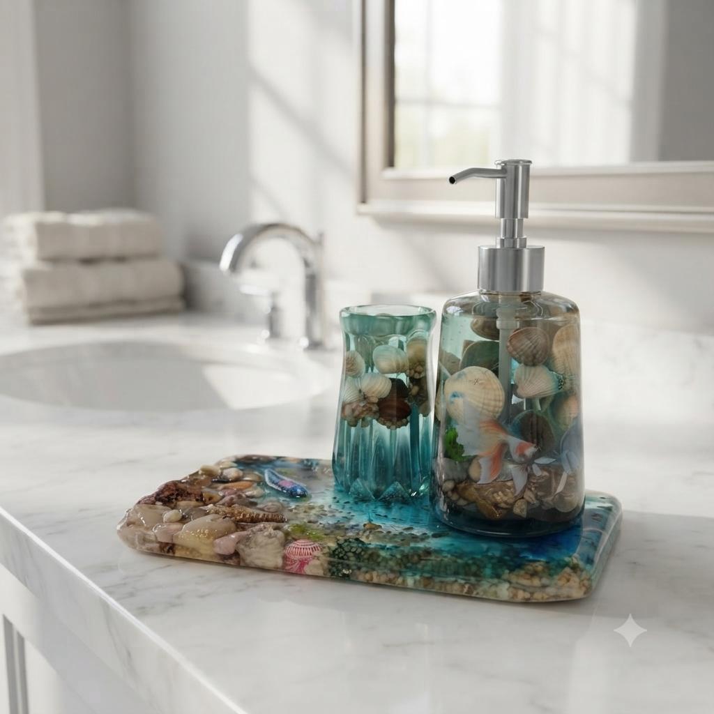 Badezimmer Set handgefertigt, Seifenspender, Tablett/Schale aus Epoxidharz in Maritime Design