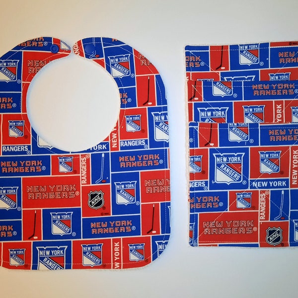 NY Rangers Baby Bib and Face Cloth Set, NHL, Hockey, Handmade, Washable, Cotton Fabric, Infant Bib, Baby Gift, Baby Shower Gift, Sports Fan