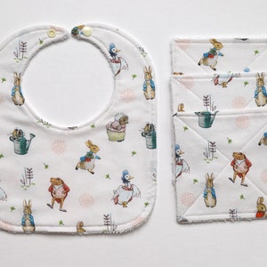 Peter Rabbit and Friends Baby Bib and washcloth Set, Beatrix Potter, Handmade, Washable, Cotton, Infant Bib, Baby Gift, Baby Shower Gift