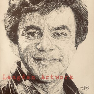 May include: A black and white pencil drawing of a man with short, dark hair. The man is smiling and looking directly at the viewer. The drawing is signed "M. Langden 20/10/2021" in the bottom right corner. The drawing is titled "Langden Artwork" in the bottom left corner.