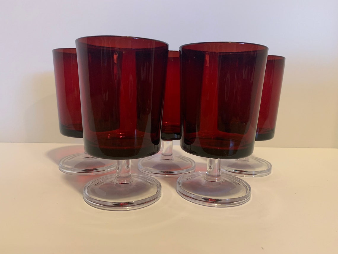 Vintage Ruby Red Wine water gobletsGlasses. Clear stems. Etsy