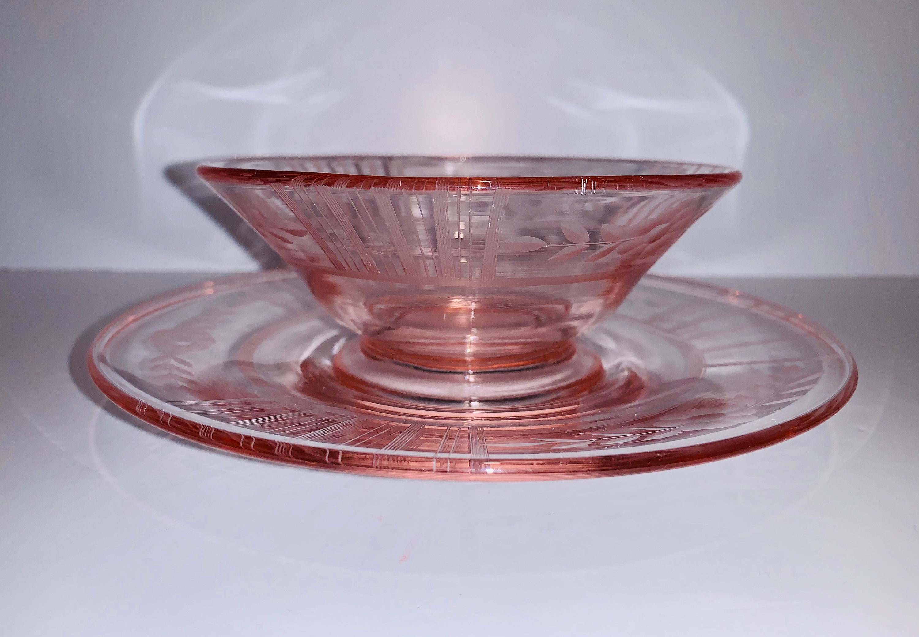 Pink Depression glass bowlsaucer Set. Etched flowers and line Etsy