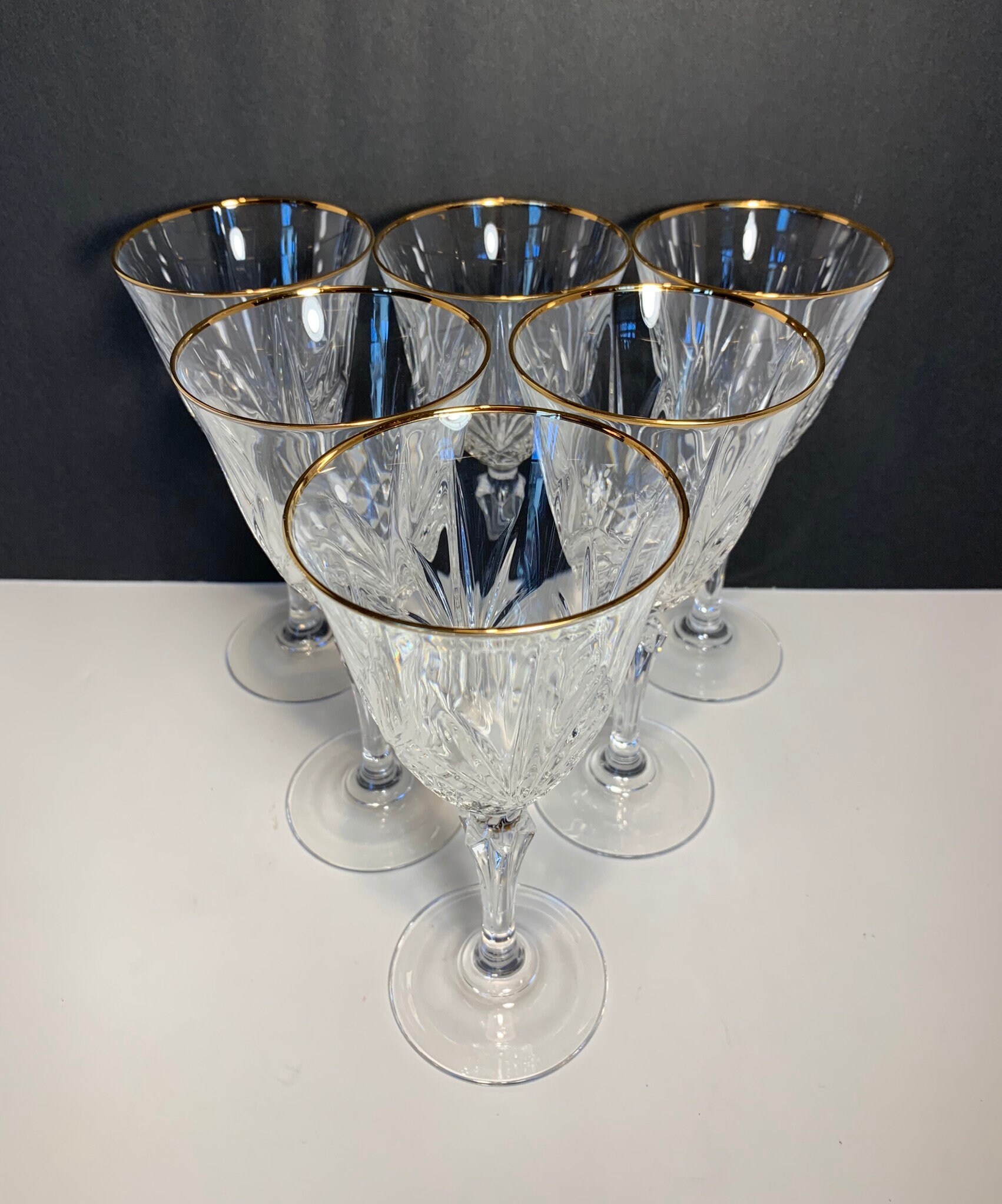 Crystal cut Wine Goblets set of 6 with gold rims. Etsy