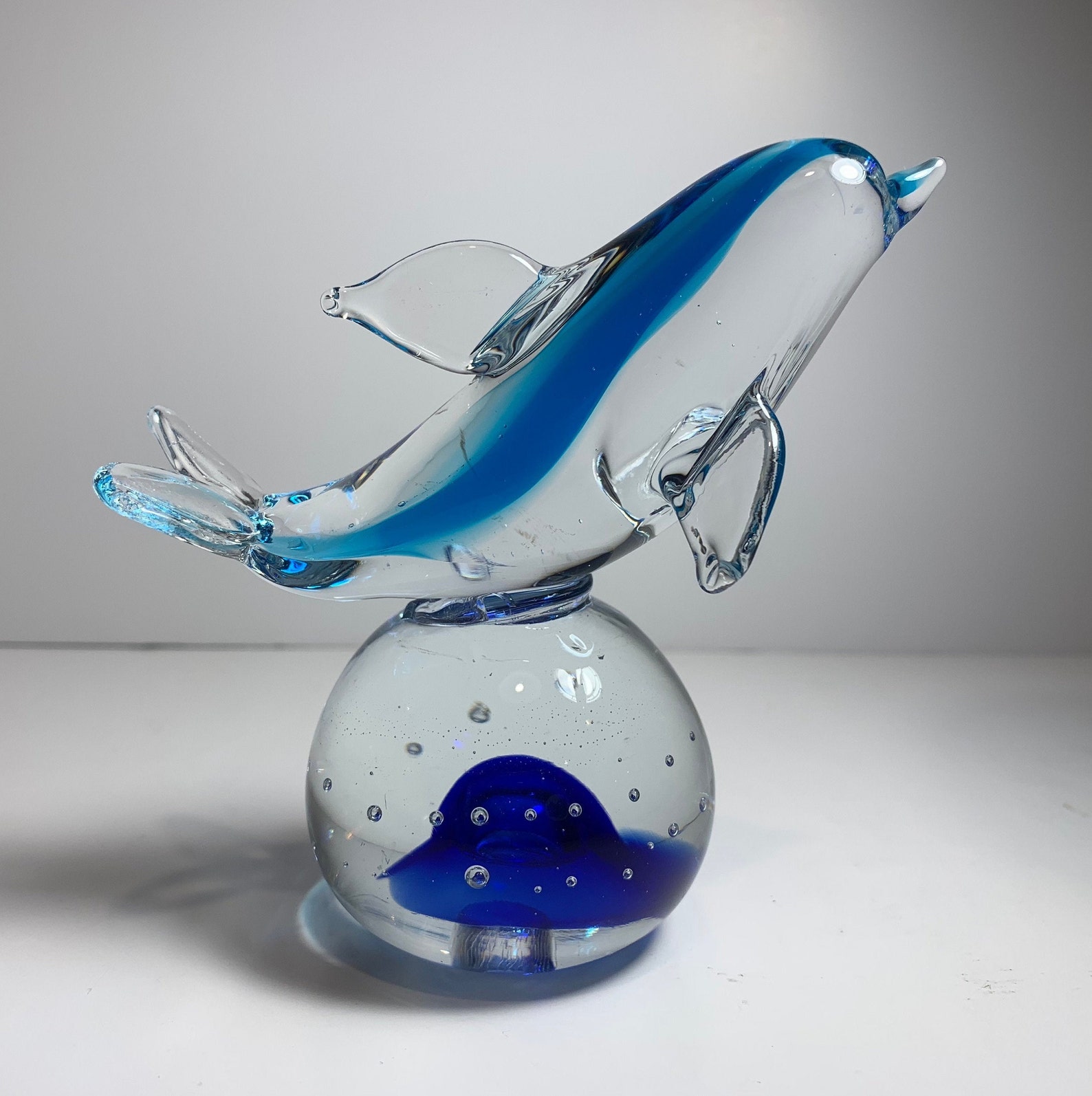 Art glass Dolphin Paperweight sitting on glass Sphere. Clear Etsy