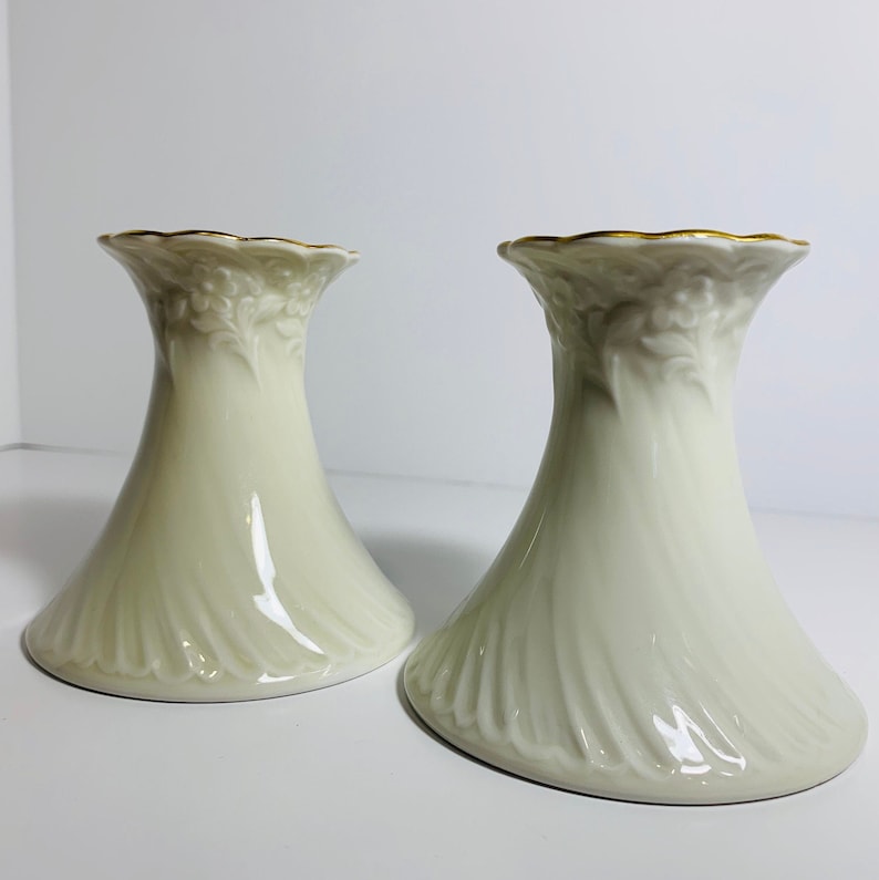 Crown Classic Floral embossed Cream and gold trimmed candle stick holders