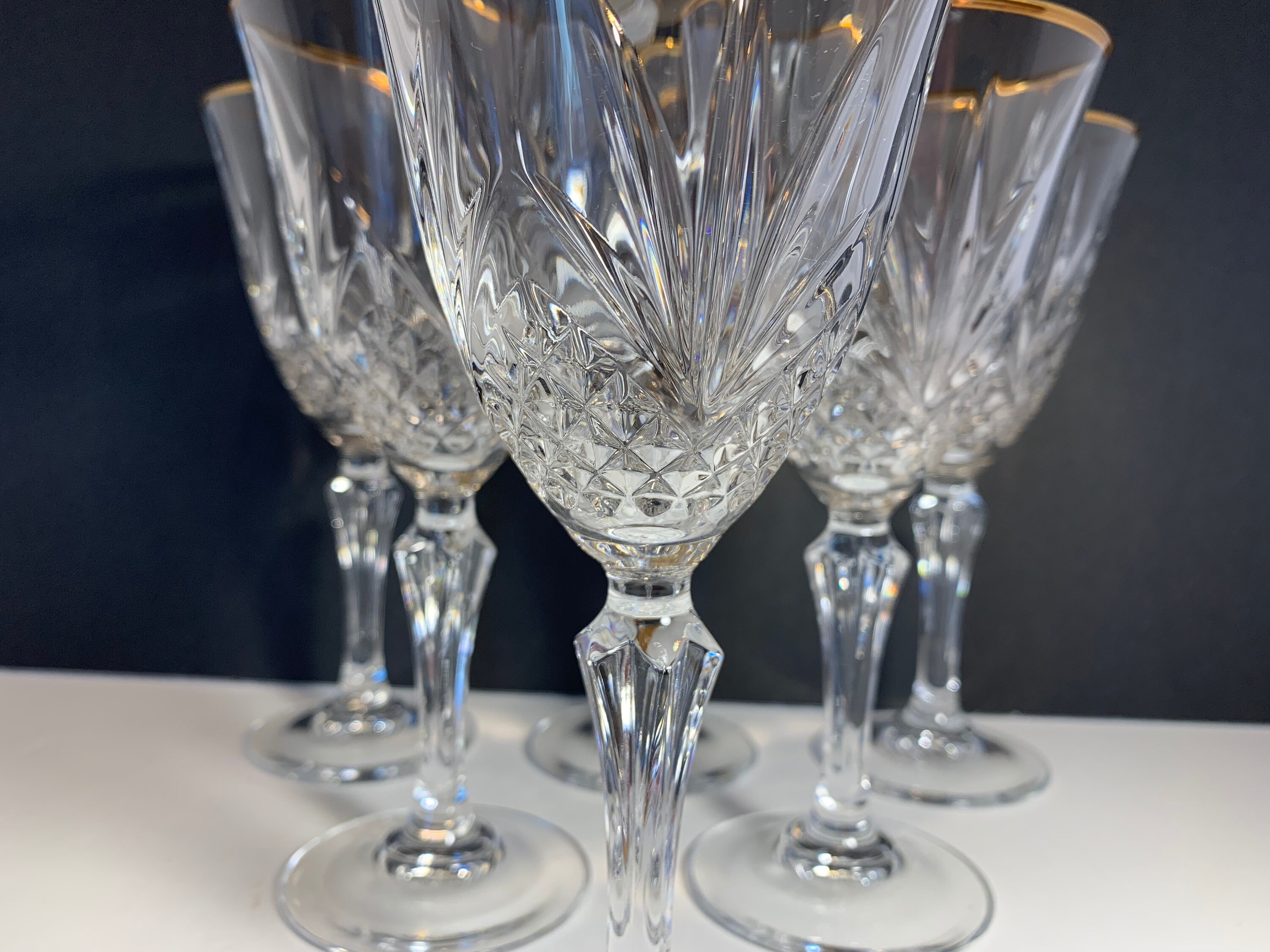 Crystal cut Wine Goblets set of 6 with gold rims. Etsy