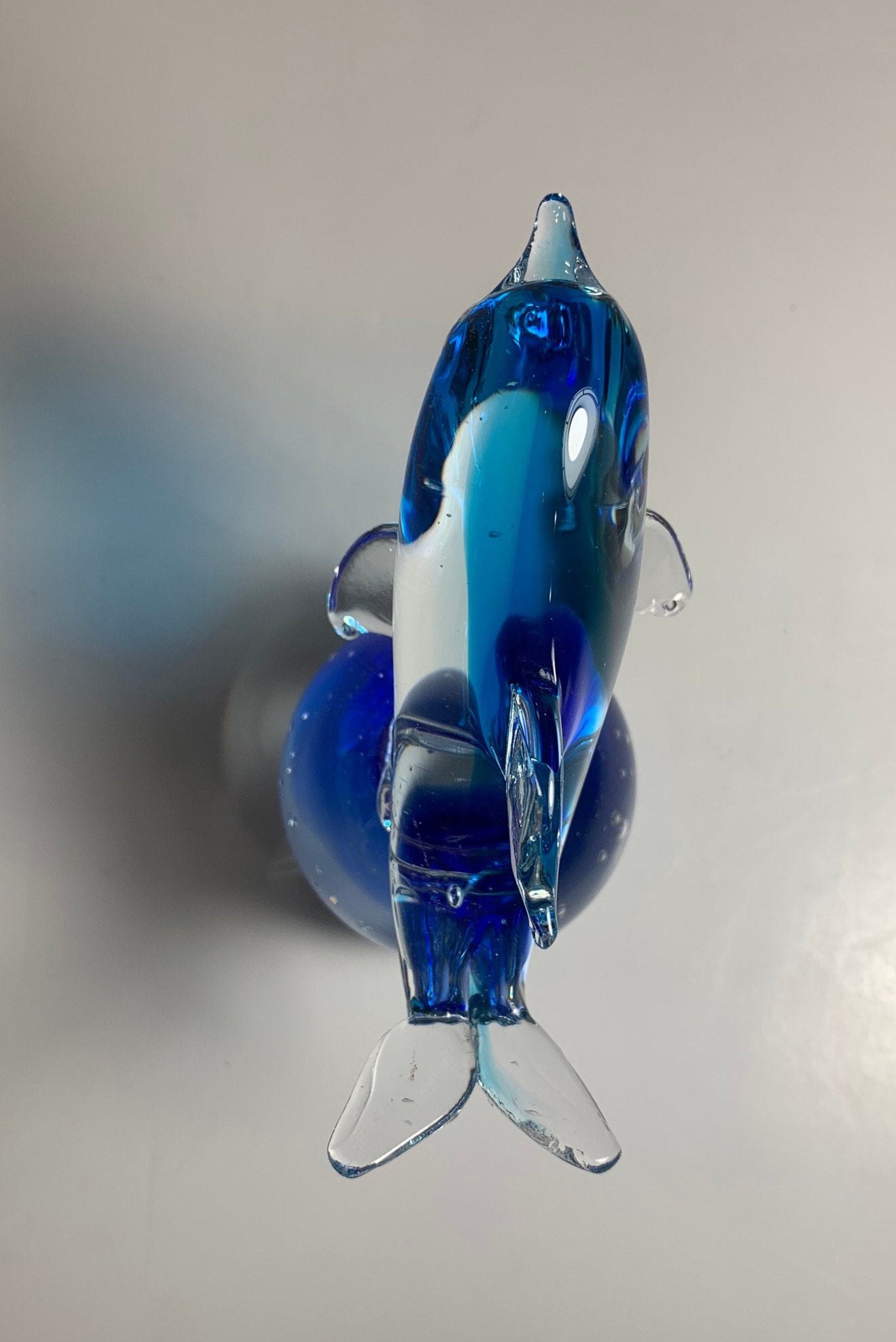 Art glass Dolphin Paperweight sitting on glass Sphere. Clear Etsy